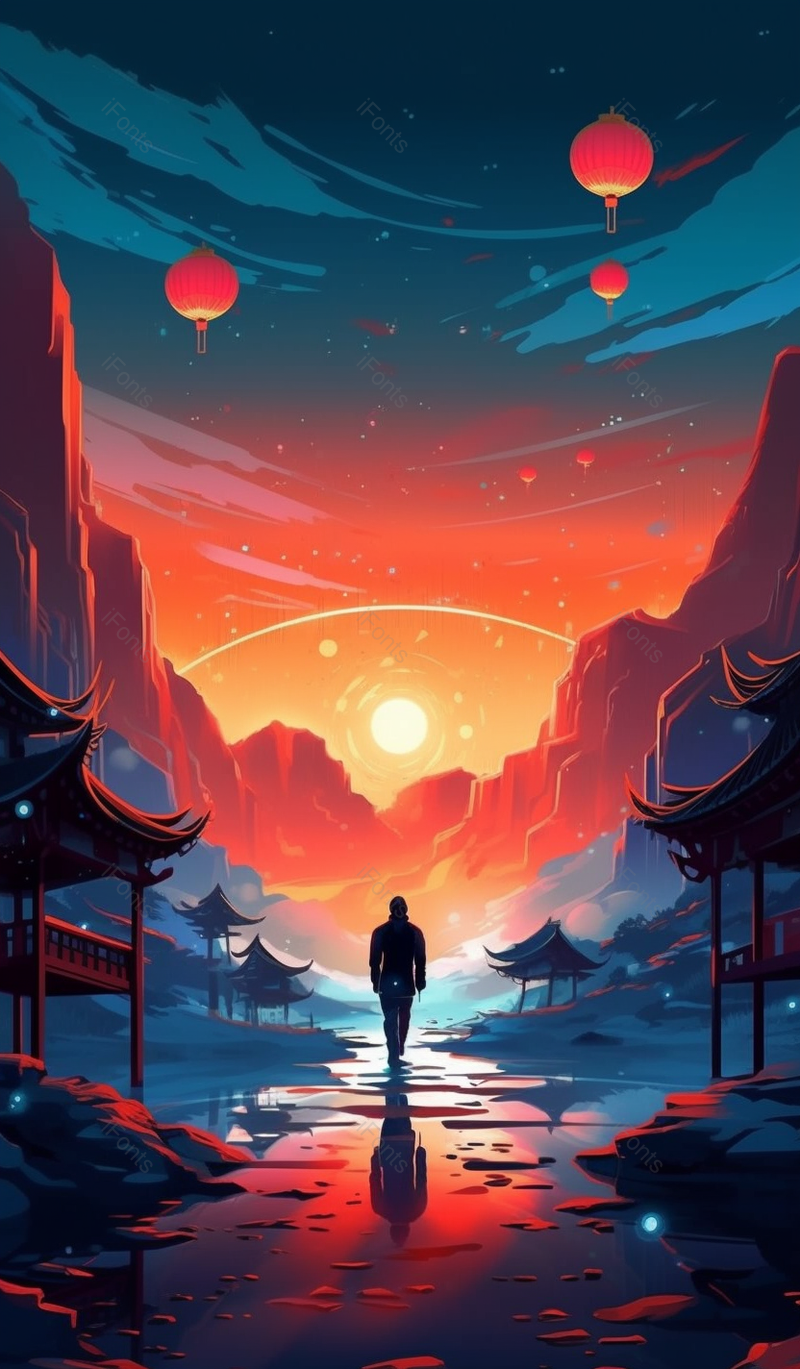 中国风山水建筑日出日出晚霞时分的太阳照射人影,插画/手绘图,插画/手绘图库,插画/手绘图下载,插画/手绘